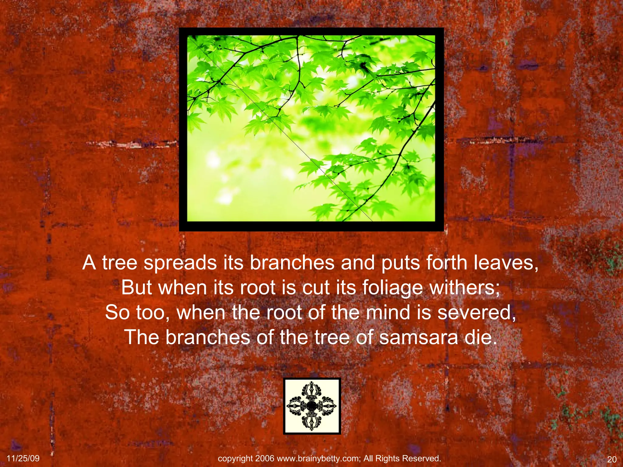 A tree spreads its branches and puts forth leaves,  But when its root is cut its foliage withers;  So too, when the root of the mind is severed,  The branches of the tree of samsara die.  