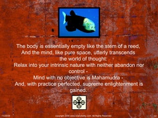 The body is essentially empty like the stem of a reed,  And the mind, like pure space, utterly transcends         the world of thought:  Relax into your intrinsic nature with neither abandon nor control -  Mind with no objective is Mahamudra -  And, with practice perfected, supreme enlightenment is gained.   