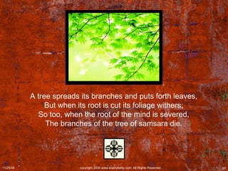 A tree spreads its branches and puts forth leaves,  But when its root is cut its foliage withers;  So too, when the root of the mind is severed,  The branches of the tree of samsara die.  