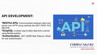 API DEVELOPMENT:
•
.
•RESTful APIs: Communication between client and
server over HTTP using methods like GET, POST, PUT,
DELETE.
•GraphQL: A newer way to fetch data from a server
using flexible queries.
•Authentication: JWT (JSON Web Tokens), OAuth
for user authentication.
 