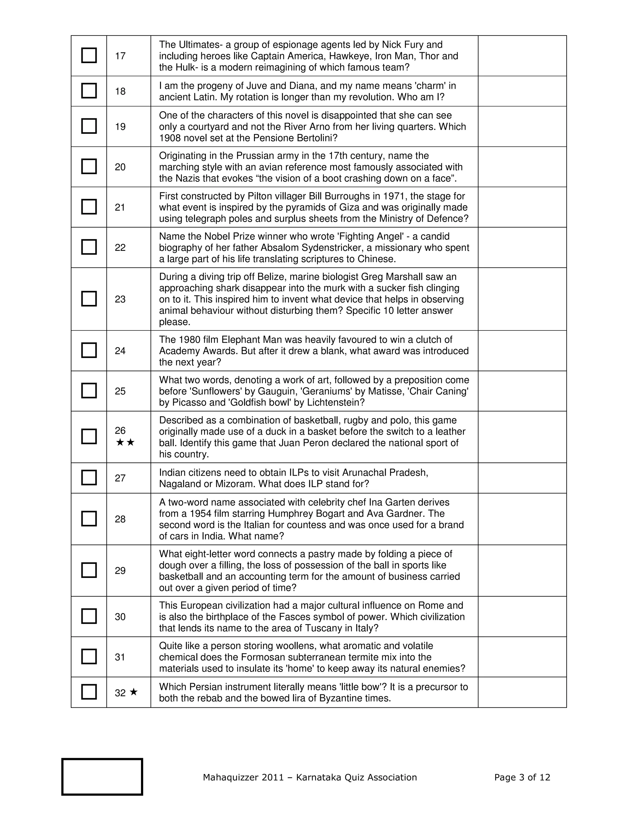 The Ultimates- a group of espionage agents led by Nick Fury and
17   including heroes like Captain America, Hawkeye, Iron Man, Thor and
     the Hulk- is a modern reimagining of which famous team?
     I am the progeny of Juve and Diana, and my name means 'charm' in
18
     ancient Latin. My rotation is longer than my revolution. Who am I?
     One of the characters of this novel is disappointed that she can see
19   only a courtyard and not the River Arno from her living quarters. Which
     1908 novel set at the Pensione Bertolini?
     Originating in the Prussian army in the 17th century, name the
20   marching style with an avian reference most famously associated with
     the Nazis that evokes “the vision of a boot crashing down on a face”.
     First constructed by Pilton villager Bill Burroughs in 1971, the stage for
21   what event is inspired by the pyramids of Giza and was originally made
     using telegraph poles and surplus sheets from the Ministry of Defence?
     Name the Nobel Prize winner who wrote 'Fighting Angel' - a candid
22   biography of her father Absalom Sydenstricker, a missionary who spent
     a large part of his life translating scriptures to Chinese.
     During a diving trip off Belize, marine biologist Greg Marshall saw an
     approaching shark disappear into the murk with a sucker fish clinging
23   on to it. This inspired him to invent what device that helps in observing
     animal behaviour without disturbing them? Specific 10 letter answer
     please.
     The 1980 film Elephant Man was heavily favoured to win a clutch of
24   Academy Awards. But after it drew a blank, what award was introduced
     the next year?
     What two words, denoting a work of art, followed by a preposition come
25   before 'Sunflowers' by Gauguin, 'Geraniums' by Matisse, 'Chair Caning'
     by Picasso and 'Goldfish bowl' by Lichtenstein?
     Described as a combination of basketball, rugby and polo, this game
26   originally made use of a duck in a basket before the switch to a leather
     ball. Identify this game that Juan Peron declared the national sport of
     his country.
     Indian citizens need to obtain ILPs to visit Arunachal Pradesh,
27
     Nagaland or Mizoram. What does ILP stand for?
     A two-word name associated with celebrity chef Ina Garten derives
     from a 1954 film starring Humphrey Bogart and Ava Gardner. The
28
     second word is the Italian for countess and was once used for a brand
     of cars in India. What name?
     What eight-letter word connects a pastry made by folding a piece of
     dough over a filling, the loss of possession of the ball in sports like
29
     basketball and an accounting term for the amount of business carried
     out over a given period of time?
     This European civilization had a major cultural influence on Rome and
30   is also the birthplace of the Fasces symbol of power. Which civilization
     that lends its name to the area of Tuscany in Italy?
     Quite like a person storing woollens, what aromatic and volatile
31   chemical does the Formosan subterranean termite mix into the
     materials used to insulate its 'home' to keep away its natural enemies?
     Which Persian instrument literally means 'little bow'? It is a precursor to
32
     both the rebab and the bowed lira of Byzantine times.




               Mahaquizzer 2011 – Karnataka Quiz Association                       Page 3 of 12
 
