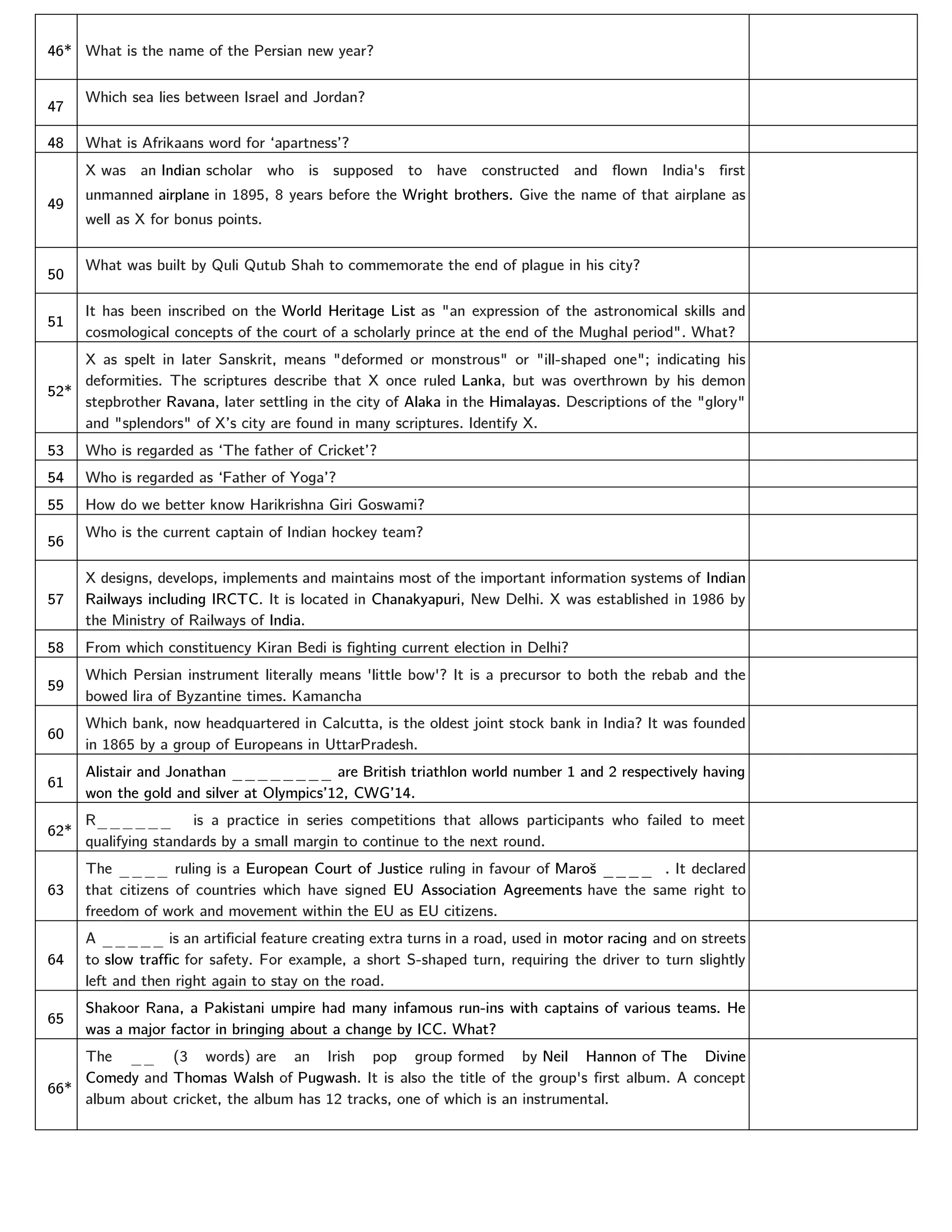 46* What is the name of the Persian new year?
47
Which sea lies between Israel and Jordan?
48 What is Afrikaans word for ‘apartness’?
49
X was an Indian scholar who is supposed to have constructed and flown India's first
unmanned airplane in 1895, 8 years before the Wright brothers. Give the name of that airplane as
well as X for bonus points.
50
What was built by Quli Qutub Shah to commemorate the end of plague in his city?
51
It has been inscribed on the World Heritage List as "an expression of the astronomical skills and
cosmological concepts of the court of a scholarly prince at the end of the Mughal period". What?
52*
X as spelt in later Sanskrit, means "deformed or monstrous" or "ill-shaped one"; indicating his
deformities. The scriptures describe that X once ruled Lanka, but was overthrown by his demon
stepbrother Ravana, later settling in the city of Alaka in the Himalayas. Descriptions of the "glory"
and "splendors" of X’s city are found in many scriptures. Identify X.
53 Who is regarded as ‘The father of Cricket’?
54 Who is regarded as ‘Father of Yoga’?
55 How do we better know Harikrishna Giri Goswami?
56
Who is the current captain of Indian hockey team?
57
X designs, develops, implements and maintains most of the important information systems of Indian
Railways including IRCTC. It is located in Chanakyapuri, New Delhi. X was established in 1986 by
the Ministry of Railways of India.
58 From which constituency Kiran Bedi is fighting current election in Delhi?
59
Which Persian instrument literally means 'little bow'? It is a precursor to both the rebab and the
bowed lira of Byzantine times. Kamancha
60
Which bank, now headquartered in Calcutta, is the oldest joint stock bank in India? It was founded
in 1865 by a group of Europeans in UttarPradesh.
61
Alistair and Jonathan ________ are British triathlon world number 1 and 2 respectively having
won the gold and silver at Olympics’12, CWG’14.
62*
R______ is a practice in series competitions that allows participants who failed to meet
qualifying standards by a small margin to continue to the next round.
63
The ____ ruling is a European Court of Justice ruling in favour of Maroš ____ . It declared
that citizens of countries which have signed EU Association Agreements have the same right to
freedom of work and movement within the EU as EU citizens.
64
A _____ is an artificial feature creating extra turns in a road, used in motor racing and on streets
to slow traffic for safety. For example, a short S-shaped turn, requiring the driver to turn slightly
left and then right again to stay on the road.
65
Shakoor Rana, a Pakistani umpire had many infamous run-ins with captains of various teams. He
was a major factor in bringing about a change by ICC. What?
66*
The __ (3 words) are an Irish pop group formed by Neil Hannon of The Divine
Comedy and Thomas Walsh of Pugwash. It is also the title of the group's first album. A concept
album about cricket, the album has 12 tracks, one of which is an instrumental.
 