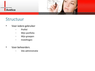 Structuur Voor iedere gebruiker Profiel Mijn portfolio Mijn groepen Instellingen Voor beheerders Site administratie 