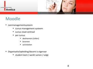 Moodle Leermanagementsysteem cursus management systeem cursus staat centraal per cursus deelnemers (rollen) bronnen activiteiten Organisatie/opleiding/docent is eigenaar student leert / werkt samen / volgt 