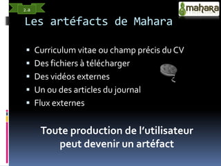 2.a

Les artéfacts de Mahara

  Curriculum vitae ou champ précis du CV
  Des fichiers à télécharger
  Des vidéos extern...