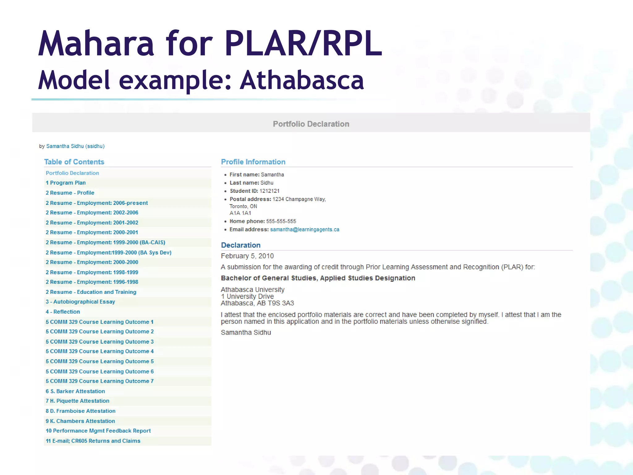 Mahara for PLAR/RPL
Model example: Athabasca
 