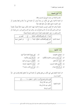 2 
” كتاب المصاحب "مها رة الكتابت 1 
قسم تعليم اللغة العربية كلية علوـ التًبية كالتعليم جامعة مولانا مالك إبرىيم الإسلامية الحكومية ملانج 
تنقسم الجملة من حيث النوع إلى قسمتُ، كلعا: 
)ُ الجملة الاسمية: كىي التى تتألف من مبتدأ كخبر، أك الجملة التي تبدأ بالاسم لفظا كتقديرا، أك 
مثل: التلميذ ناجح، الدطير نازهؿ، ظلَّ الدطير نازلان. 
فالدبتدأ كالخبر لعا الركنتُ الرئيستُ للجملة الاسمية: فهما اسماف تتألف منهما جملةه مفيدةه. فالدبتدأ 
ىو الاسم الذم يلطبري عنو، أك الاسم الدتىحدَّثً عنو . كالخبر ىو الاسم الذم لطبر بو عن الدبتدأ، أك 
الاسم الدخبر بو. مثل: العل ي م متقدًـ، العديؿ أسا ي س الدلكً، الرياضةي مفيدةه. 
الجملة الاسمية 
الدبتدأ + الخبر ] مفرد/ جملة/ شبو جملة[ + .... الخ : العلم نور 
الخبر ] مفرد/ جملة/ شبو جملة[+ الدبتدأ .... الخ : فى الفصل تسعة 
كراسي 
(ُ التلاميذ لرتهدكف (ٔ لعل نتيجة ى الدقابلة طيبةي اليوـ 
(ِ كل أستاذ يستجيب تلاميذه لأفكاره (ٕ الاسلاـ يهتم بالأعياد 
(ّ الدفتً أماـ الدعلم (ٖ الأطفاؿ مسركرف فى العيد 
(ْ الكسل عاقبتو الرسوب (ٗ البنتاف ملاب ي سهما جديدة 
(ٓ فى الاسلاـ عيداف (َُ ىل أنت طالب جديد ؟ 
)ِ الجملة الفعلية كىي التي تتألف من فعل كفاعل، أك الجملة التى تبدأ بالفعل لفظا كتقديرا مثل : قرأ 
التلميذ درسو . 
الجملة الفعلية 
فعل )ماض / مضارع / أمر( + فاعل + مفعوؿ بو + ......الخ 
كتب عبد الله الرسالة 
يكتب عبد الله الرسالة 
اكتب الرسالة 
د أنواع الجملة - 
ه الأمثلة - 
 