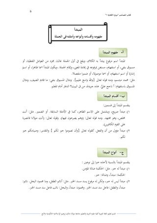 6 
” كتاب المصاحب "مها رة الكتابت 1 
قسم تعليم اللغة العربية كلية علوـ التًبية كالتعليم جامعة مولانا مالك إبرىيم الإسلامية الحكومية ملانج 
الدبتدأ اسم مرفوع يبتدأ بو الكلاـ، كيقع في أكؿ الجملة غالبا، لررد من العوامل اللفظية، أك 
مسبوؽ بنفي، أك استفهاـ، مستغن بمرفوعو في إفادة الدعتٌ، كإتداـ الجملة. كيكوف الدبتدأ اسما ظاىرا، أك اس ى م 
إشارة أك اسم استفهاـ، أك اسما موصولا، أك ضمتَا منفصلا. 
مثل: لزمد مبتسم، كمنو قولو تعالى }كالله كاسع عليم{. كمثاؿ الدسبوؽ بنفي: ما قادـ الضيف، كمثاؿ 
الدسبوؽ باستفهاـ: أ ناجح عليُّ. ىذه جريدة، من فى البيت؟ الدفتً أماـ الدعلم. 
ينقسم الدبتدأ إلى قسمتُ: 
)ُ مبتدأ صريح، كيشتمل على الاسم الظاىر، كما في الأمثلة السابقة. أك الضمتَ. مثل: أنت 
لسلص، كىو لرتهد. كمنو قولو تعالى: )كىم يصرخوف فيها(. كقولو تعالى: )أنت مولانا فانصرنا 
على القوـ الكافرين(. 
)ِ مبتدأ مؤكؿ من أف كالفعل. كقولو تعالى }كأف تصوموا ختَ لكم { كالتقدير: كصيامكم ختَ 
لكم. 
ينقسم الدبتدأ بالنسبة لأخذه خبرا إلى نوعتُ : 
)ُ مبتدأ لو خبر. مثل: الحكمة ضالة الدؤمن. 
الحكمة: مبتدأ، كضالة: خبر. 
)ِ مبتدأ ليس لو خبر، كلكن لو مرفوع يسد مسد الخبر. مثل: أنائم الطفل، كما لزمود البخل. نائم: 
مبتدأ، كالطفل: فاعل سد مسد الخبر. كلزمود: مبتدأ، كالبخل: نائب فاعل سد مسد الخبر. 
المبتدأ 
مفهومو وأقسامو وأنواعو وأمثلتو فى الجملة 
أ مفهوم المبتدأ - 
ب أقسام المبتدأ - 
ج أنواع المبتدأ - 
 