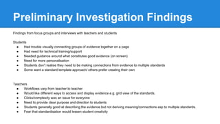 Preliminary Investigation Findings
Findings from focus groups and interviews with teachers and students
Students
● Had trouble visually connecting groups of evidence together on a page
● Had need for technical training/support
● Needed guidance around what constitutes good evidence (on screen)
● Need for more personalisation
● Students don’t realise they need to be making connections from evidence to multiple standards
● Some want a standard template approach/ others prefer creating their own
Teachers
● Workflows vary from teacher to teacher
● Would like different ways to access and display evidence e.g. grid view of the standards.
● Clicks/complexity was an issue for everyone
● Need to provide clear purpose and direction to students
● Students generally good at describing the evidence but not deriving meaning/connections esp to multiple standards.
● Fear that standardisation would lessen student creativity
 