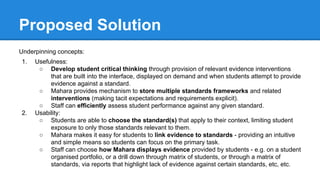 Proposed Solution
Underpinning concepts:
1. Usefulness:
○ Develop student critical thinking through provision of relevant evidence interventions
that are built into the interface, displayed on demand and when students attempt to provide
evidence against a standard.
○ Mahara provides mechanism to store multiple standards frameworks and related
interventions (making tacit expectations and requirements explicit).
○ Staff can efficiently assess student performance against any given standard.
2. Usability:
○ Students are able to choose the standard(s) that apply to their context, limiting student
exposure to only those standards relevant to them.
○ Mahara makes it easy for students to link evidence to standards - providing an intuitive
and simple means so students can focus on the primary task.
○ Staff can choose how Mahara displays evidence provided by students - e.g. on a student
organised portfolio, or a drill down through matrix of students, or through a matrix of
standards, via reports that highlight lack of evidence against certain standards, etc, etc.
 