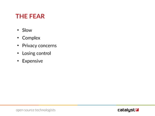 THE FEAR
●
Slow
●
Complex
●
Privacy concerns
●
Losing control
●
Expensive
 