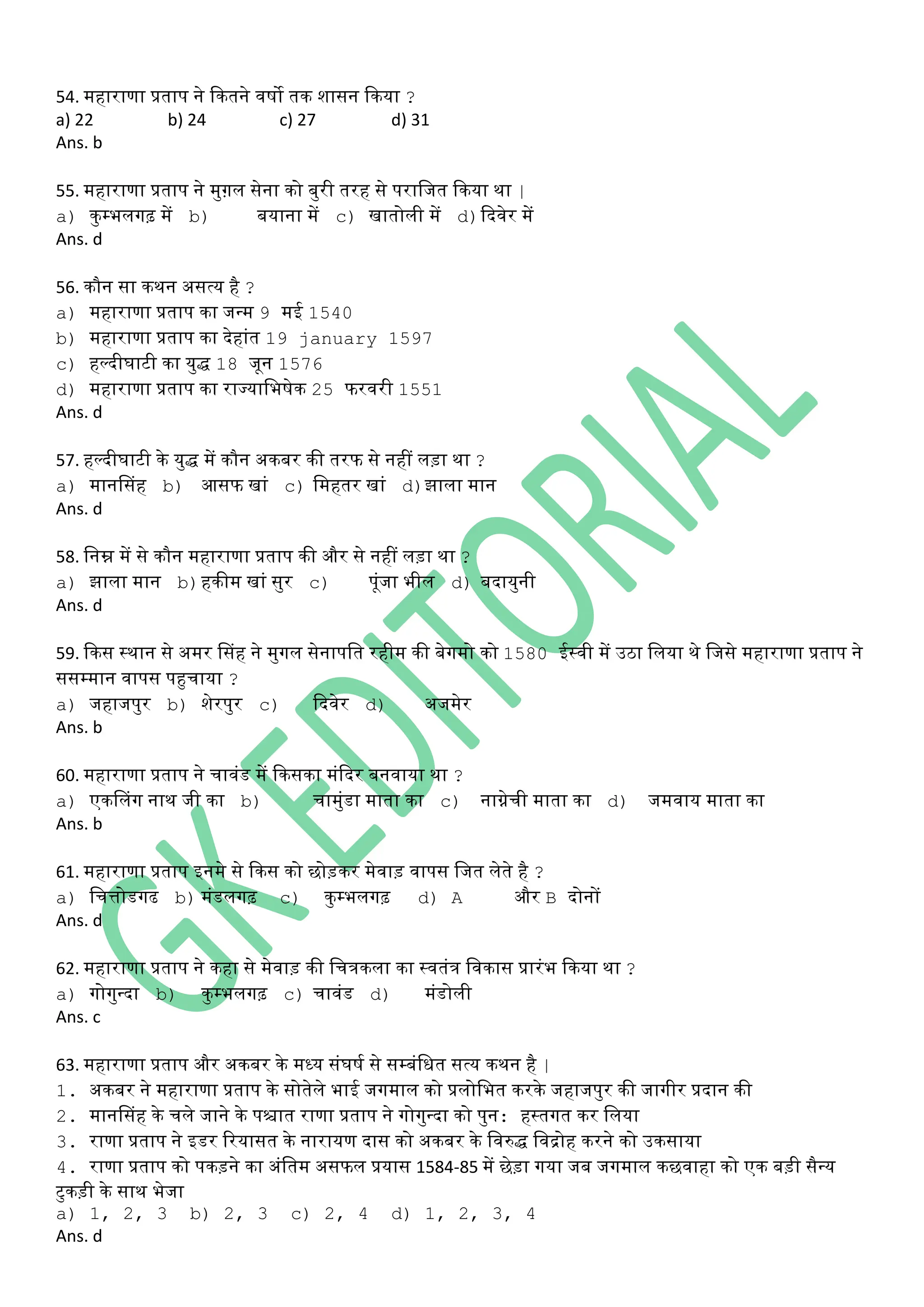 Maharana Pratap MCQ in Hindi for Competitive Exams | PDF