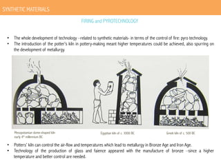 SYNTHETIC MATERIALS
FIRING and PYROTECHNOLOGY
•  The whole development of technology –related to synthetic materials- in terms of the control of fire: pyro technology.
•  The introduction of the potter’s kiln in pottery-making meant higher temperatures could be achieved, also spurring on
the development of metallurgy.

Mesopotamian dome-shaped kiln
early 4th millennium BC

Egyptian kiln of c. 3000 BC

Greek kiln of c. 500 BC

•  Potters’ kiln can control the air-flow and temperatures which lead to metallurgy in Bronze Age and Iron Age.
•  Technology of the production of glass and faience appeared with the manufacture of bronze –since a higher
temperature and better control are needed.

 
