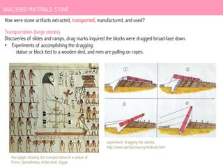 UNALTERED MATERIALS: STONE
How were stone artifacts extracted, transported, manufactured, and used?
Transportation (large stones)
Discoveries of slides and ramps, drag marks inquired the blocks were dragged broad-face down.
•  Experiments of accomplishing the dragging:
statue or block tied to a wooden sled, and men are pulling on ropes.

experiment: dragging the obelisk.
http://www.catchpenny.org/mmbuild.html
hieroglyph showing the transportation of a statue of
Prince Djehutihetep, el-Bersheh, Egypt.	
  

 