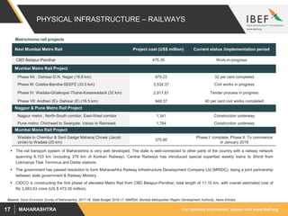 For updated information, please visit www.ibef.orgMAHARASHTRA17
PHYSICAL INFRASTRUCTURE – RAILWAYS
 The rail transport system of Maharashtra is very well developed. The state is well-connected to other parts of the country with a railway network
spanning 6,103 km (including 378 km of Konkan Railway). Central Railways has introduced special superfast weekly trains to Shirdi from
Lokmanya Tilak Terminus and Dadar stations.
 The government has passed resolution to form Maharashtra Railway Infrastructure Development Company Ltd (MRIDC), being a joint partnership
between state government & Railway Ministry.
 CIDCO is constructing the first phase of elevated Metro Rail from CBD Belapur-Pendhar, total length of 11.10 km, with overall estimated cost of
Rs 3,063.63 crore (US $ 473.35 million).
Source: Socio Economic Survey of Maharashtra, 2017-18, State Budget 2016-17, MMRDA: Mumbai Metropolitan Region Development Authority, News Articles.
Navi Mumbai Metro Rail Project cost (US$ million) Current status /implementation period
CBD Belapur-Pendhar 475.35 Work-in-progress
Mumbai Metro Rail Project
Phase IIA : Dahisar-D.N. Nagar (18.6 km) 979.22 32 per cent completed
Phase III: Colaba-Bandra-SEEPZ (33.5 km) 3,534.37 Civil works in progress
Phase IV: Wadala-Ghatkopar-Thane-Kasarwadavli (32 km) 2,917.81 Tender process in progress
Phase VII: Andheri (E)- Dahisar (E) (16.5 km) 948.37 40 per cent civil works completed
Nagpur & Pune Metro Rail Project
Nagpur metro : North-South corridor, East-West corridor 1,341 Construction underway
Pune metro: Chichwad to Swargate, Vanaz to Ramwadi 1,764 Construction underway
Mumbai Mono Rail Project
Wadala to Chembur & Sant Gadge Maharaj Chowk (Jacob
circle) to Wadala (20 km)
375.80
Phase I: complete, Phase II: To commence
in January 2018
Metro/mono rail projects
 