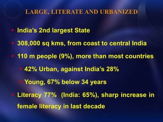 LARGE, LITERATE AND URBANIZED 
 India’s 2nd largest State 
 308,000 sq kms, from coast to central India 
 110 m people (9%), more than most countries 
 42% Urban, against India’s 28% 
 Young, 67% below 34 years 
 Literacy 77% (India: 65%), sharp increase in 
female literacy in last decade 
 