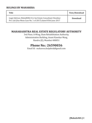 RULINGS BY MAHARERA
Title View/Download
DownloadLegal Advisor, MahaRERA V/s Sai Estate Consultant Chembur
Pvt. Ltd (Suo Motu Case No. 1 of 2017) dated 05th June 2017
MAHARASHTRA REAL ESTATE REGULATORY AUTHORITY
3rd Floor, A-Wing, Slum Rehabilitation Authority,
Administrative Building, Anant Kanekar Marg,
Bandra (E), Mumbai 400051
Phone No.: 26590036
Email Id : maharera.helpdesk@gmail.com
[MahaSeWA ] 8
 