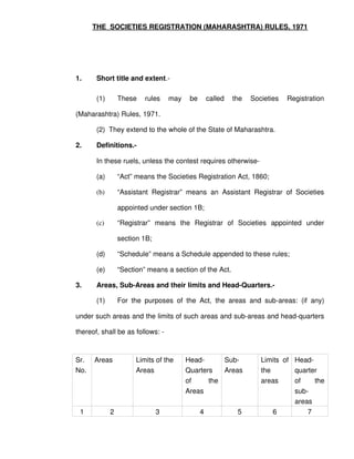 THE SOCIETIES REGISTRATION (MAHARASHTRA) RULES, 1971
1. Short title and extent.-
(1) These rules may be called the Societies Registration
(Maharashtra) Rules, 1971.
(2) They extend to the whole of the State of Maharashtra.
2. Definitions.-
In these ruels, unless the contest requires otherwise-
(a) “Act” means the Societies Registration Act, 1860;
(b) “Assistant Registrar” means an Assistant Registrar of Societies
appointed under section 1B;
(c) “Registrar” means the Registrar of Societies appointed under
section 1B;
(d) “Schedule” means a Schedule appended to these rules;
(e) “Section” means a section of the Act.
3. Areas, Sub-Areas and their limits and Head-Quarters.-
(1) For the purposes of the Act, the areas and sub-areas: (if any)
under such areas and the limits of such areas and sub-areas and head-quarters
thereof, shall be as follows: -
Sr.
No.
Areas Limits of the
Areas
Head-
Quarters
of the
Areas
Sub-
Areas
Limits of
the
areas
Head-
quarter
of the
sub-
areas
1 2 3 4 5 6 7
 