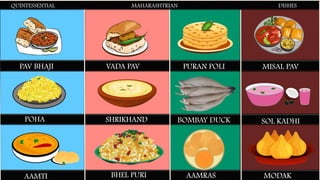 QUINTESSENTIAL MAHARASHTRIAN DISHES
PAV BHAJI VADA PAV PURAN POLI MISAL PAV
POHA SHRIKHAND BOMBAY DUCK SOL KADHI
MODAK
AAMRAS
BHEL PURI
AAMTI
 