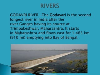  GODAVRI RIVER -The Godavari is the second
longest river in India after the
river Ganges having its source at
Trimbakeshwar, Maharashtra. It starts
in Maharashtra and flows east for 1,465 km
(910 mi) emptying into Bay of Bengal.
 