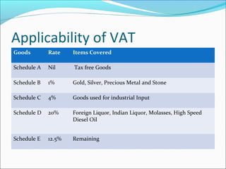 Applicability of VAT 
Goods Rate Items Covered 
Schedule A Nil Tax free Goods 
Schedule B 1% Gold, Silver, Precious Metal and Stone 
Schedule C 4% Goods used for industrial Input 
Schedule D 20% Foreign Liquor, Indian Liquor, Molasses, High Speed 
Diesel Oil 
Schedule E 12.5% Remaining 
 