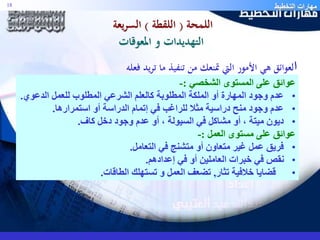 مهارات التخطيط 18 
اللمحة ) اللقطة ( السريعة 
التهديدات و المعوقات 
العوائق هي الأمور التي تمنعك من تنفيذ ما تريد فعله 
عوائق على المستوى الشخصي :- 
• عدم وجود المهارة أو الملكة المطلوبة كالعلم الشرعي المطلوب للعمل الدعوي. 
• عدم وجود منح دراسية مثلا للراغب في إتمام الدراسة أو استمرارها. 
• ديون ميتة ، أو مشاكل في السيولة ، أو عدم وجود دخل كاف. 
عوائق على مستوى العمل :- 
• فريق عمل غير متعاون أو متشنج في التعامل. 
• نقص في خبرات العاملين أو في إعدادهم. 
• قضايا خلافية تثار, تضعف العمل و تستهلك الطاقات. 
 