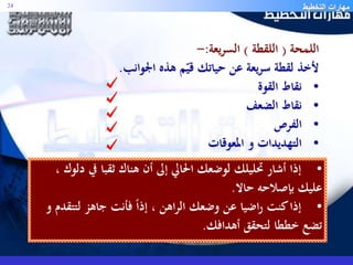 مهارات التخطيط 24 
اللمحة ) اللقطة ( السريعة:- 
لأخذ لقطة سريعة عن حياتك قيّم هذه الجوانب. 
• نقاط القوة 
• نقاط الضعف 
• الفرص 
• التهديدات و المعوقات 
• إذا أشار تحليلك لوضعك الحالي إلى أن هناك ثقبا في دلوك ، 
عليك بإصلاحه حالا. 
• إذا كنت راضيا عن وضعك الراهن ، إذاً فأنت جاهز لتتقدم و 
تضع خططا لتحقق أهدافك. 
 