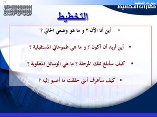 مهارات التخطيط 27 
التخطيط 
• أين أنا الآن ؟ و ما هو وضعي الحالي ؟ 
• أين أريد أن أكون ؟ و ما هي طموحاتي المستقبلية ؟ 
• كيف سأبلغ تلك المرحلة ؟ ما هي الوسائل المطلوبة ؟ 
• كيف سأعرف أنني حققت ما أصبو إليه ؟ 
 