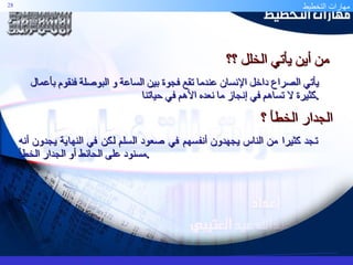 يأتي الصراع داخل الإنسان عندما تقع فجوة بين الساعة و البوصلة فنقوم بأعمال كثيرة لا تساهم في إنجاز ما نعده الأهم في حياتنا . تجد كثيرا من الناس يجهدون أنفسهم في صعود السلم لكن في النهاية يجدون أنه مسنود على الحائط أو الجدار الخطأ . من أين يأتي الخلل ؟؟ الجدار الخطأ ؟ 