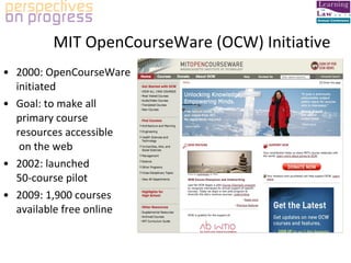 MIT OpenCourseWare (OCW) Initiative 2000: OpenCourseWare initiated Goal: to make all primary course  resources accessible  on the web 2002: launched  50-course pilot 2009: 1,900 courses available free online 