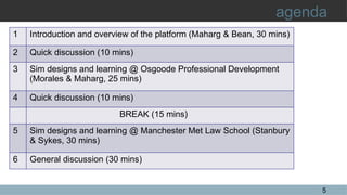 5
agenda
1 Introduction and overview of the platform (Maharg & Bean, 30 mins)
2 Quick discussion (10 mins)
3 Sim designs and learning @ Osgoode Professional Development
(Morales & Maharg, 25 mins)
4 Quick discussion (10 mins)
BREAK (15 mins)
5 Sim designs and learning @ Manchester Met Law School (Stanbury
& Sykes, 30 mins)
6 General discussion (30 mins)
 