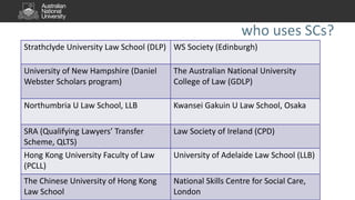 who uses SCs?
Strathclyde University Law School (DLP) WS Society (Edinburgh)
University of New Hampshire (Daniel
Webster Scholars program)
The Australian National University
College of Law (GDLP)
Northumbria U Law School, LLB Kwansei Gakuin U Law School, Osaka
SRA (Qualifying Lawyers’ Transfer
Scheme, QLTS)
Law Society of Ireland (CPD)
Hong Kong University Faculty of Law
(PCLL)
University of Adelaide Law School (LLB)
The Chinese University of Hong Kong
Law School
National Skills Centre for Social Care,
London
 