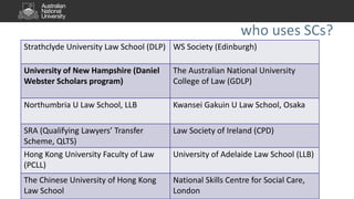 who uses SCs?
Strathclyde University Law School (DLP) WS Society (Edinburgh)
University of New Hampshire (Daniel
Webster Scholars program)
The Australian National University
College of Law (GDLP)
Northumbria U Law School, LLB Kwansei Gakuin U Law School, Osaka
SRA (Qualifying Lawyers’ Transfer
Scheme, QLTS)
Law Society of Ireland (CPD)
Hong Kong University Faculty of Law
(PCLL)
University of Adelaide Law School (LLB)
The Chinese University of Hong Kong
Law School
National Skills Centre for Social Care,
London
 