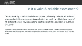 is it a valid & reliable assessment?
‘Assessment by standardised clients proved to be very reliable, with the six
standardised client assessments conducted for each candidate by a total of
45 different actors having an alpha coefficient of 0.81 and SEm of 5.07% in
OSCE #2.’
Eileen Fry , Jenny Crewe & Richard Wakeford (2012) The Qualified Lawyers Transfer Scheme: innovative
assessment methodology and practice in a high stakes professional exam, The Law Teacher, 46:2, 132-145,
p.144.
 
