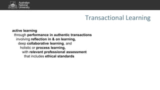 Transactional Learning
active learning
through performance in authentic transactions
involving reflection in & on learning,
deep collaborative learning, and
holistic or process learning,
with relevant professional assessment
that includes ethical standards
 