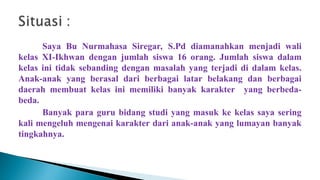 Saya Bu Nurmahasa Siregar, S.Pd diamanahkan menjadi wali
kelas XI-Ikhwan dengan jumlah siswa 16 orang. Jumlah siswa dalam
kelas ini tidak sebanding dengan masalah yang terjadi di dalam kelas.
Anak-anak yang berasal dari berbagai latar belakang dan berbagai
daerah membuat kelas ini memiliki banyak karakter yang berbeda-
beda.
Banyak para guru bidang studi yang masuk ke kelas saya sering
kali mengeluh mengenai karakter dari anak-anak yang lumayan banyak
tingkahnya.
 
