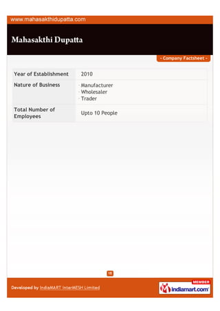 - Company Factsheet -
Year of Establishment 2010
Nature of Business Supplier
Distributor
Manufacturer
Exporter
Wholesaler
Retailer
Trader
Total Number of
Employees
Upto 10 People
Primary Competitive
Advantage
Large Production Capacity
 