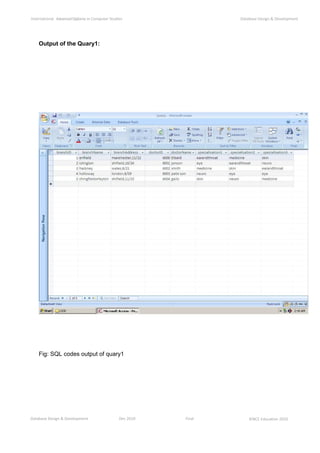 Database Design & Development Dec 2010 Final ©NCC Education 2010
International AdvancedDiploma in Computer Studies Database Design & Development
Output of the Quary1:
Fig: SQL codes output of quary1
 