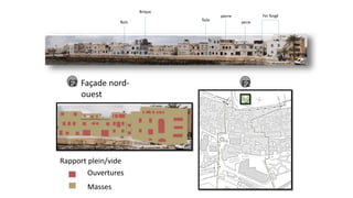 F2
F2 Façade nord-
ouest
Fer forgé
verre
Tuile
Bois
Brique
pierre
Rapport plein/vide
Ouvertures
Masses
 