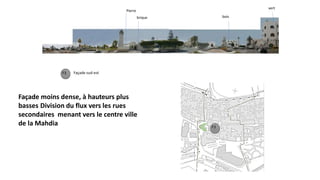 F3
F3 Façade sud-est
Pierre
brique
vert
bois
Façade moins dense, à hauteurs plus
basses Division du flux vers les rues
secondaires menant vers le centre ville
de la Mahdia
 