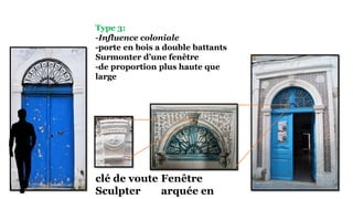 Type 3:
-Influence coloniale
-porte en bois a double battants
Surmonter d’une fenêtre
-de proportion plus haute que
large
Fenêtre
arquée en
clé de voute
Sculpter
 