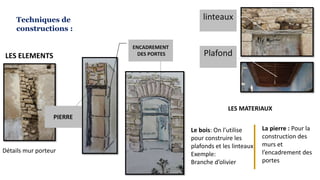 Détails mur porteur
LES MATERIAUX
LES ELEMENTS
PIERRE
ENCADREMENT
DES PORTES
linteaux
Le bois: On l’utilise
pour construire les
plafonds et les linteaux
Exemple:
Branche d’olivier
Plafond
La pierre : Pour la
construction des
murs et
l’encadrement des
portes
Techniques de
constructions :
 