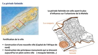 mosquée
fatimide
Fortification de la ville
 Construction d’une nouvelle ville (Capital de l'Afrique de
nord)
 Construction des principaux monuments qui se dressent
aujourd'hui en plein centre ville ( mosquée fatimide…)
Les remparts
La période fatimide est celle ayant le plus
d’influence sur l’urbanisme de la Mahdia
La période fatimide
 
