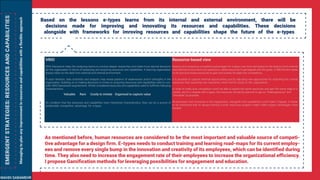 EMERGENTSTRATEGIES:RESOURCESANDCAPABILITIES
Managingtoplananyimprovementinresourcesandcapabilitieswithaflexibleapproach Based on the lessons e-types learns from its internal and external environment, there will be
decisions made for improving and innovating its resources and capabilities. These decisions
alongside with frameworks for imroving resources and capabilities shape the future of the e-types.
Resource-based view
Gaining and sustaining competitive advantages for e-types over time and based on the lessons from internal
and external environment and operations, needs resources to get aligned with the goals. In RBV the firm relies
on its rare and unique resources to gain and sustain its edge over competitors.
It is possible to capture external opportunities just by adjusting new approaches for exploiting the current
resources than acquiring new resources, which will be costly to the organization.
In order to make sure competitors won’t be able to exploit the same resources and gain the same edge in a
market, which is shared with e-types, the resources should be planned to get as “Heterogeneous” and
“Immobile” as possible.
All processes and structures in the organization, alongside with capabilities could make it happen. It needs
to be mentioned that an always-training human resources program might make e-types advantages more
durable
VRIO
VRIO framework helps the analyzing teams to conduct deeper researches and make more rational decisions
for the organization in terms of assessing and acquiring resources and capabilities. A learning organization
always relies on the data from external and internal environment.
In each iteration, data scientists and analysts may reveal patterns of weaknesses and/or strengths in the
organization. Building on or making decisions to invest on acquiring resources and capabilities need to con-
sider VRIO framework requirements. All the considered resources and capabilities need to fulfill the following
characteristics:
On condition that the resources and capabilities have mentioned characteristics, they can be a source of
sustainable competitive advantage for e-types.
Valuable Rare Costly to imitate Organized to capture value
As mentioned before, human resources are considered to be the most important and valuable source of competi-
tive advantage for a design firm. E-types needs to conduct training and learning road-maps for its current employ-
ees and remove every single bump in the innovation and creativity of its employees, which can be identified during
time. They also need to increase the engagement rate of their employees to increase the organizational efficiency.
I propose Gamification methods for leveraging possibilities for engagement and education.
MAHDI SABAMEHR
 