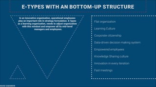 E-TYPES WITH AN BOTTOM-UP STRUCTURE
In an innovative organisation, operational employees
play an important role in strategy formulation. E-types
as a learning organization, needs to adjust organization
with this mindset and empower all its mid-level
managers and employees.
Flat organization
Learning Culture
Corporate citizenship
Data-driven decision making system
Empowered employees
Knowledge Sharing culture
Innovation in every iteration
Fast meetings
MAHDI SABAMEHR
 