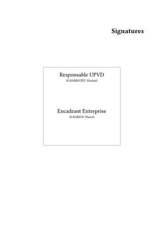 Signatures
Responsable UPVD
M.BARBOTEU Michaël
Encadrant Entreprise
M.BARIOU Marcel
 