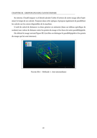 CHAPITRE III. GREFFON (PLUGIN) CLOUDCOMPARE
En interne, CloudCompare va d’abord calculer l’arbre d’octrees de notre nuage afin d’opti-
miser le temps de ses calculs. Toujours dans cette optique, il propose également de paralléliser
les calculs sur les cœurs disponibles de la machine.
L’outil de calcul de distances va donc générer en mémoire (dans un tableau spécifique de
scalaire) une valeur de distance entre les points du nuage et les faces de notre parallélépipède.
On obtient le nuage suivant Figure III.3 (en bleu on distingue le parallélépipède et les points
du nuage qui lui sont internes).
Figure III.4 – Méthode 1 : état intermédiaire
22
 