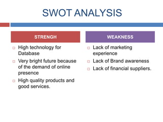 SWOT ANALYSIS
STRENGH

WEAKNESS



High technology for
Database



Lack of marketing
experience



Very bright future because
of the demand of online
presence



Lack of Brand awareness



Lack of financial suppliers.



High quality products and
good services.

 