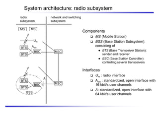 System architecture: radio subsystem
Components
 MS (Mobile Station)
 BSS (Base Station Subsystem):
consisting of
 BTS (Base Transceiver Station):
sender and receiver
 BSC (Base Station Controller):
controlling several transceivers
Interfaces
 Um : radio interface
 Abis : standardized, open interface with
16 kbit/s user channels
 A: standardized, open interface with
64 kbit/s user channels
Um
Abis
A
BSS
radio
subsystem
network and switching
subsystem
MS MS
BTS
BSC MSC
BTS
BTS
BSC
BTS
MSC
 
