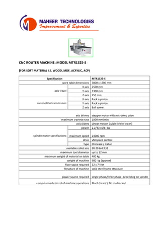 CNC ROUTER MACHINE: MODEL MTR1325-S
(FOR SOFT MATERIAL I.E. WOOD, MDF, ACRYLIC, ACP)
Specification MTR1325-S
work table dimensions 3000 x 1500 mm
axis travel
X axis 2500 mm
Y axis 1300 mm
Z axis 250 mm
axis motion transmission
X axis Rack n pinion
Y axis Rack n pinion
Z axis Ball screw
axis drivers stepper motor with microstep drive
maximum traverse rate 1800 mm/min
axis sliders Linear motion Guide (hiwin-tiwan)
spindle motor specifications
power 2.2/3/4.5/6 kw
maximum speed 24000 rpm
drive vfd speed control
type Chinease / italian
available collet size ER 20 to ER32
maximum tool diameter up to 12 mm
maximum weight of material on table 400 kg
weight of machine 900 kg (approx)
floor space required 12 x 8 feet
Structure of machine solid steel frame structure
power source required single phase/three phase depending on spindle
computerised control of machine operations Mach 3 card / Nc studio card
 